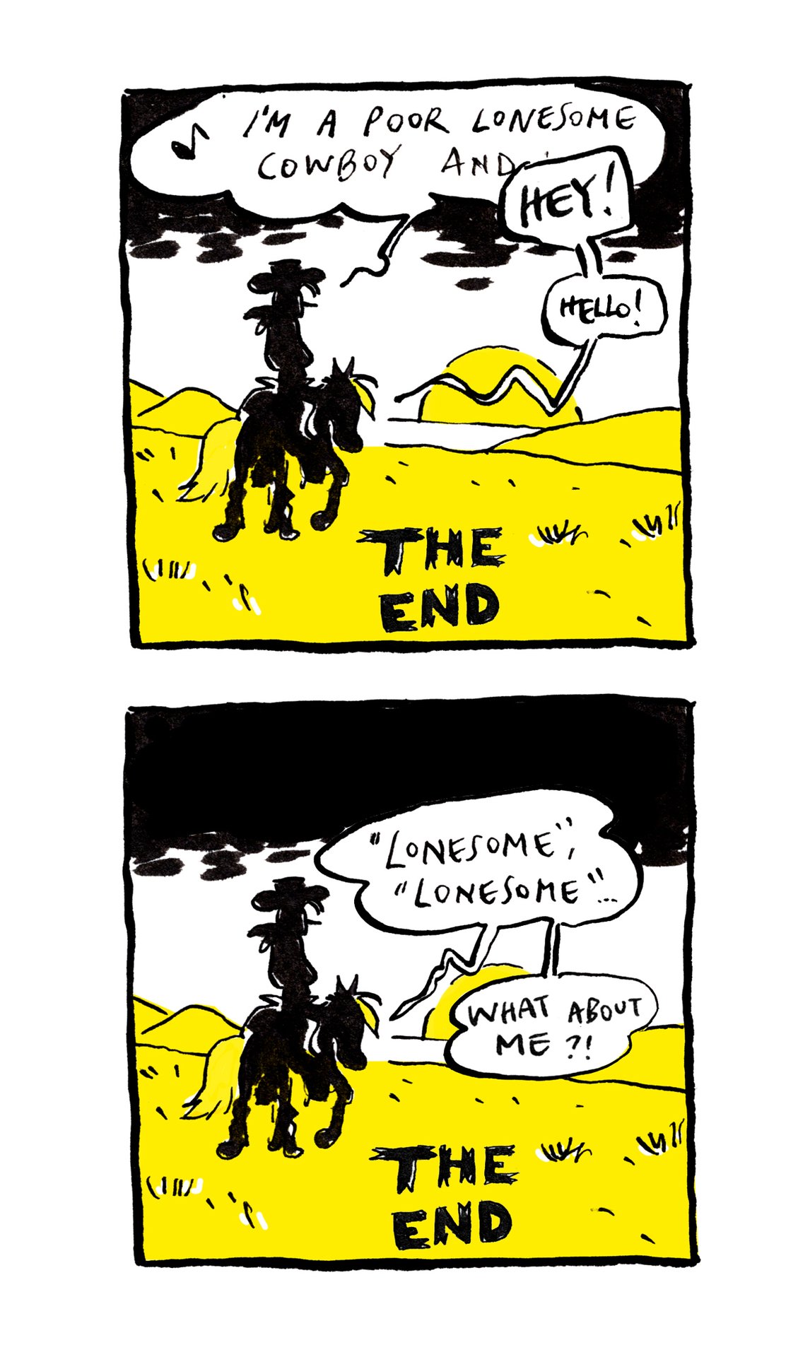 Lucky Luke, "lonesome" cowboy and Jolly Jumper the horse