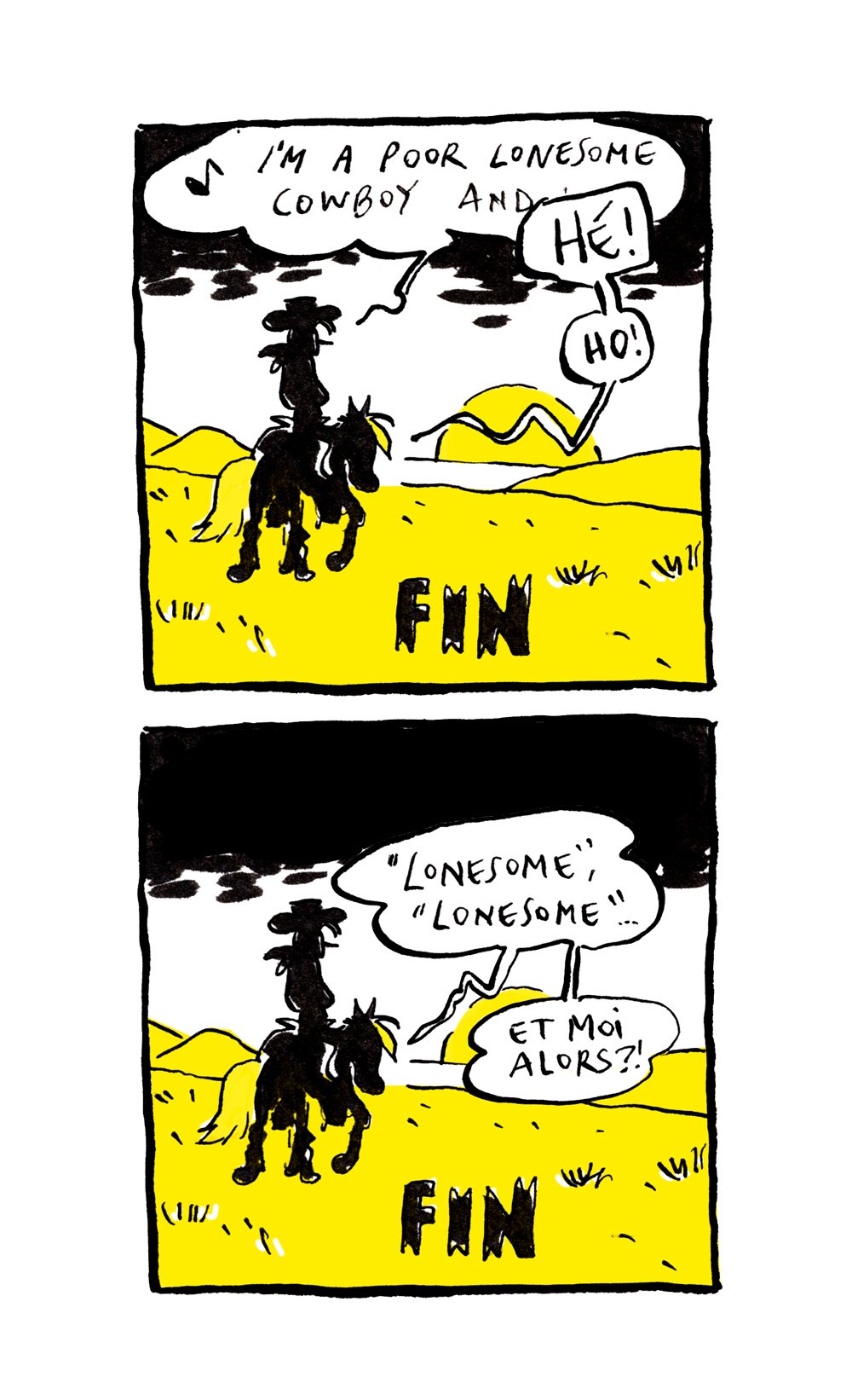 Lucky Luke, "lonesome" cowboy and Jolly Jumper the horse
